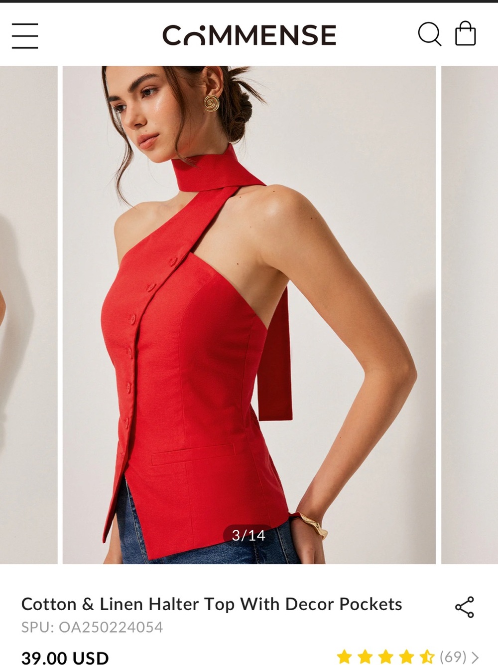 Commense Red Cotton-Linen One-Shoulder Halter Top with Neck Tie - Picture 2 of 5